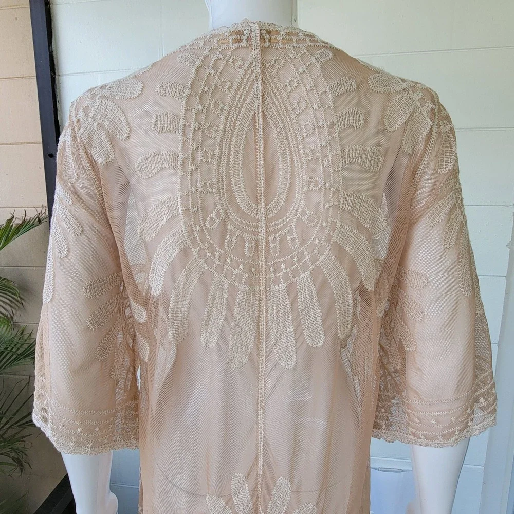 Rebellion Again Lace Mesh Kimono Cardigan Beige Women's S Boho Longline Duster